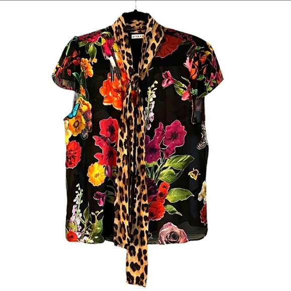 Alice +Olivia Semi Sheer Floral Cap Sleeve Blouse - Size XL - Picture 4 of 8